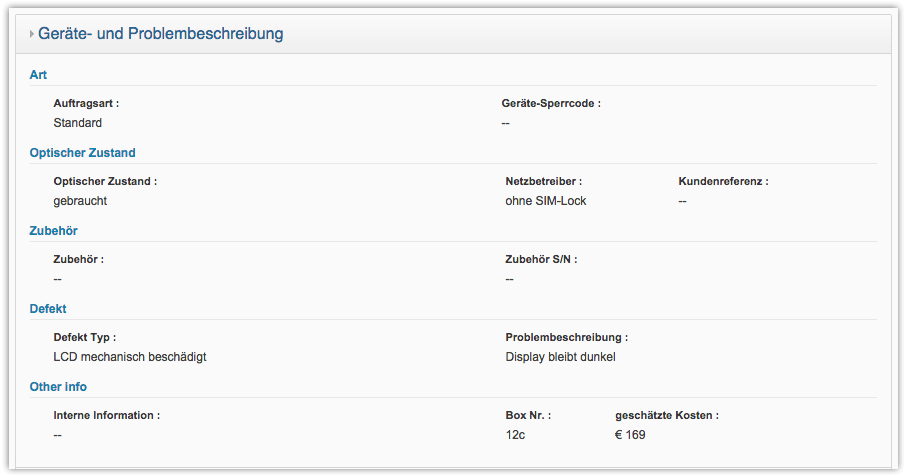 Übersicht Geräte- und Defekt-Beschreibung